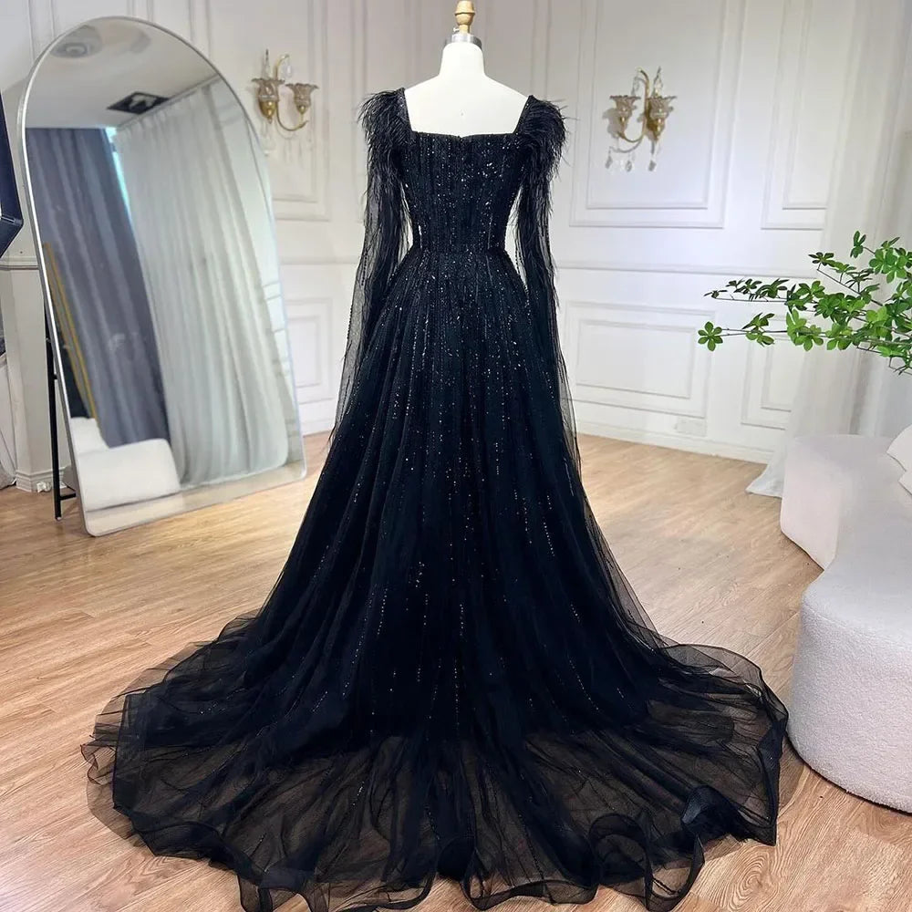 Cape Sleeves Feathers Beaded Evening Dresses