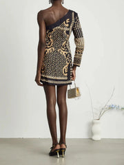 Printed Diagonal Neck Off One-Shoulder Patchwork Bead Dress