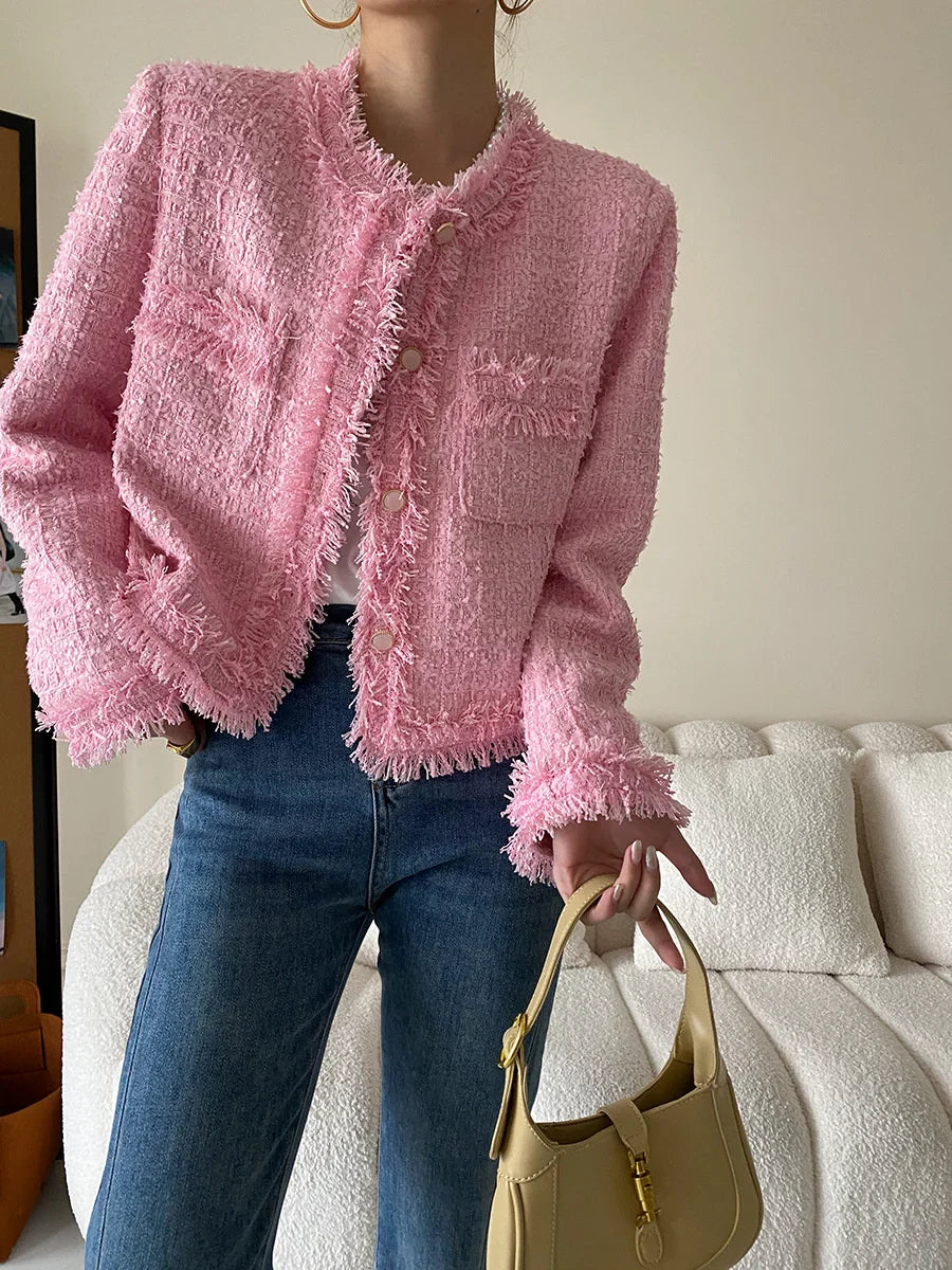 Pink Fringe Fur Shoulder Pad Tweed Blazer
