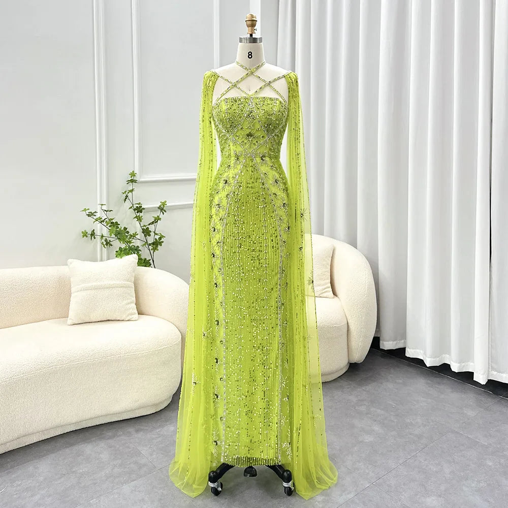 Aqua Mermaid Evening Gown with Cape Sleeves