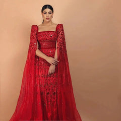 Wine Red Mermaid Evening Gown with Cape Sleeves