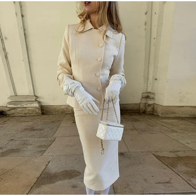 Solid Stand Collar Jackets and Skirts Suit