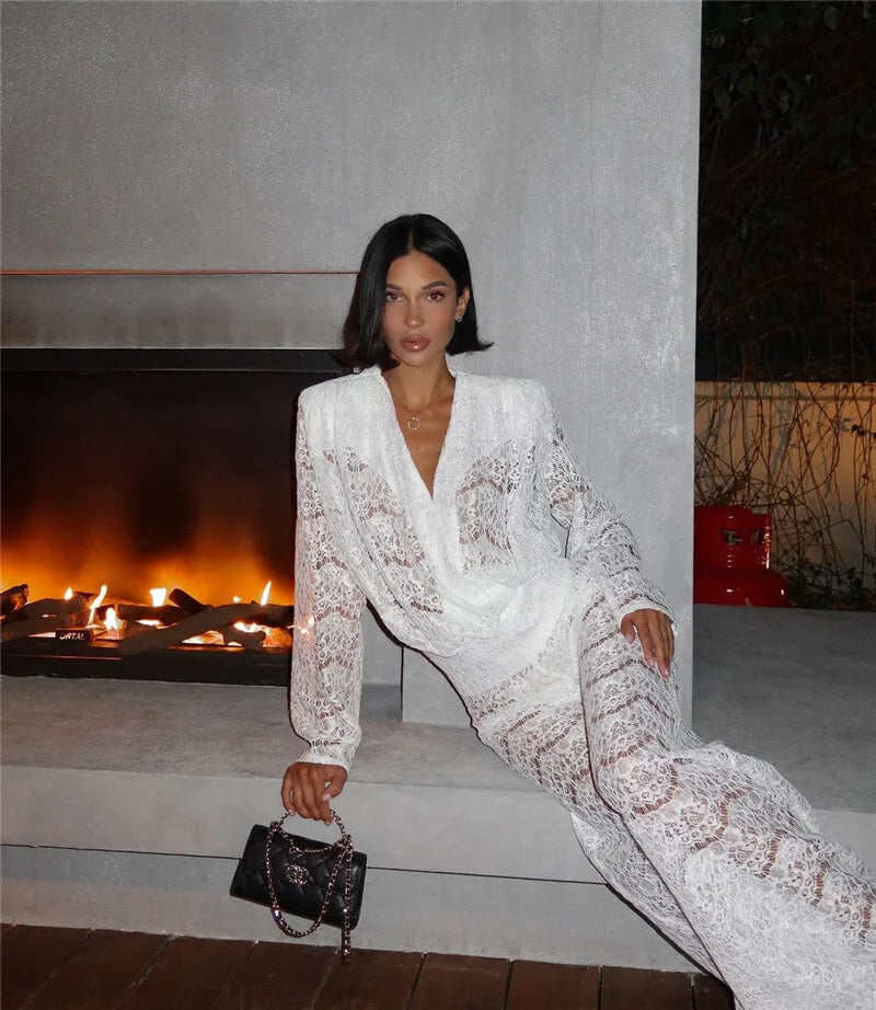 White Lace Two-Piece Loose Trouser Set