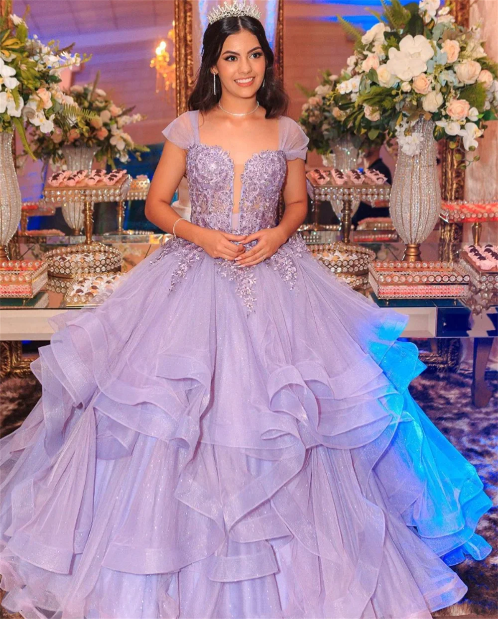 Lace Embroidery Glitter Fluffy Ruffle Purple Evening Dresses