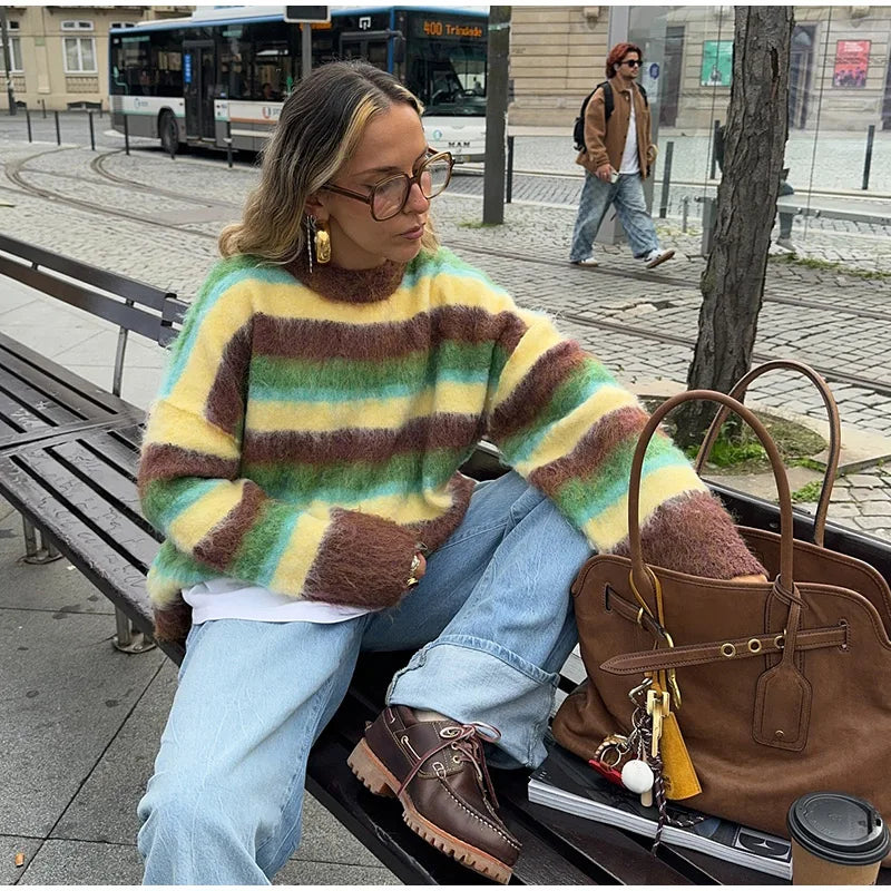 Mohair Striped Long Sleeve Contrast Sweater