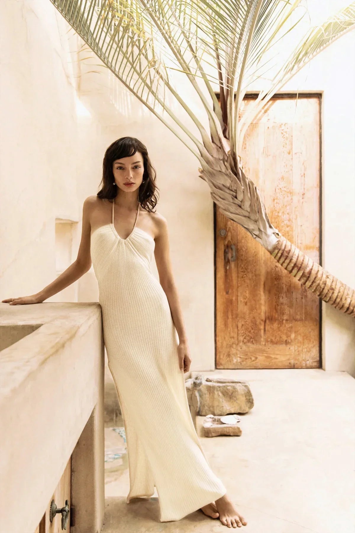 Solid Backless Halter Knit Slit Maxi Dress