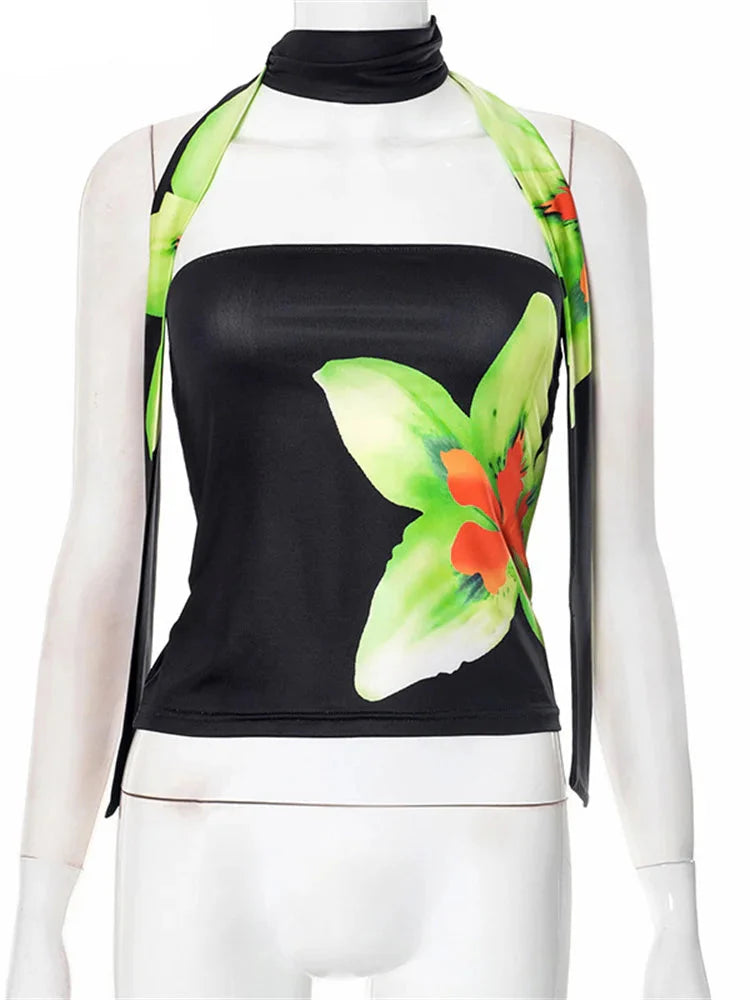 Ribbon Sleeveless Backless Floral Print Top