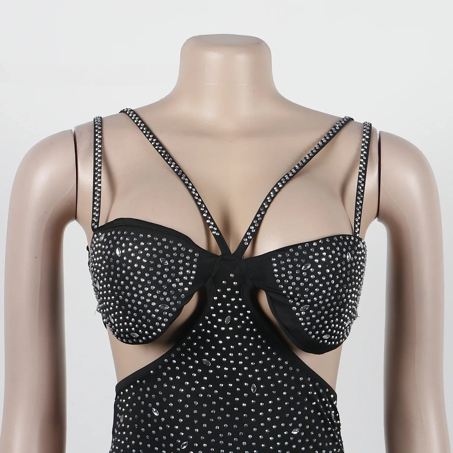 Spaghetti Strap Mesh Black Long Dress