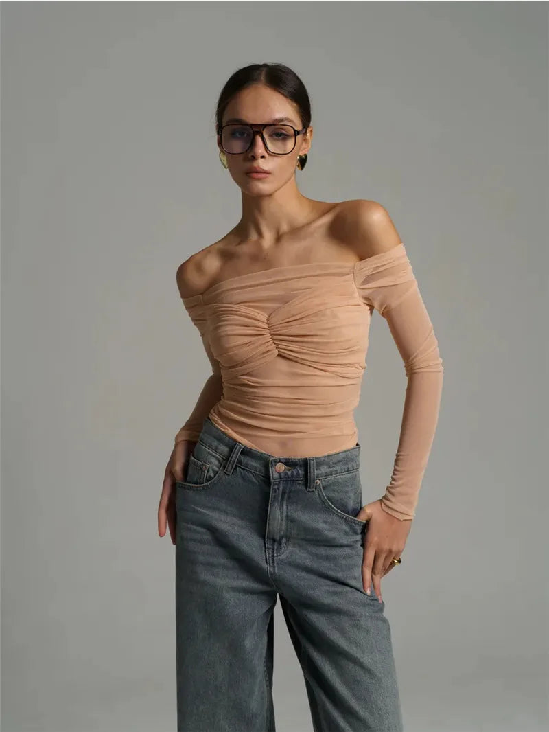 Mesh Off-shoulder Pleated Bust Strapless See Through Top