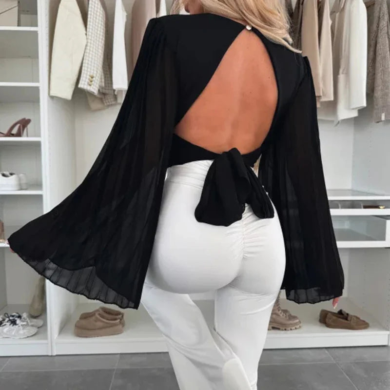 Solid Color Hollow-out Chiffon Bat Sleeve Blouse