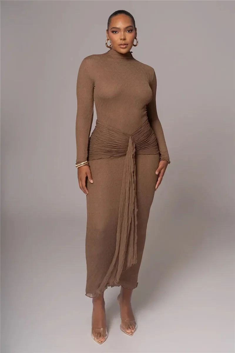 Long Sleeve Drape Turtleneck Maxi Dress