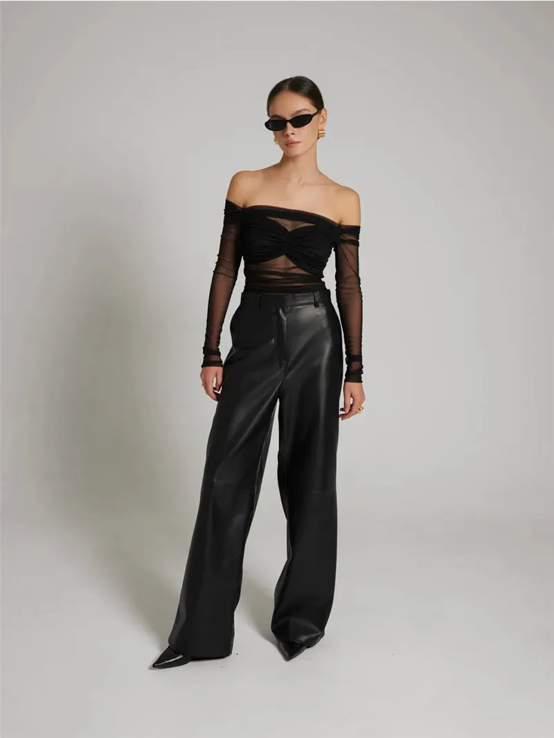 Mesh Off-shoulder Pleated Bust Strapless See Through Top