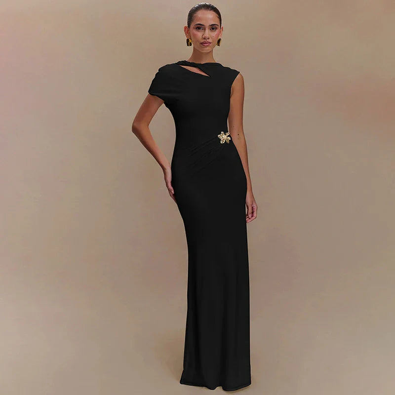 Hollow Out Metal Buckle Solid Short Sleeve Long Dress