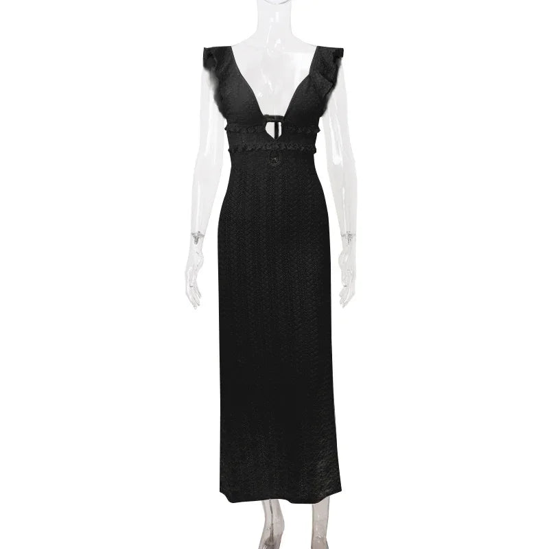 Deep V Neck Sleeveless High Waist Long Knitted Dress