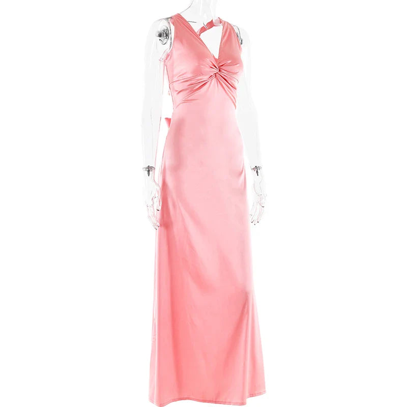 V Neck Sleeveless Satin Bow Backless Maxi Dress