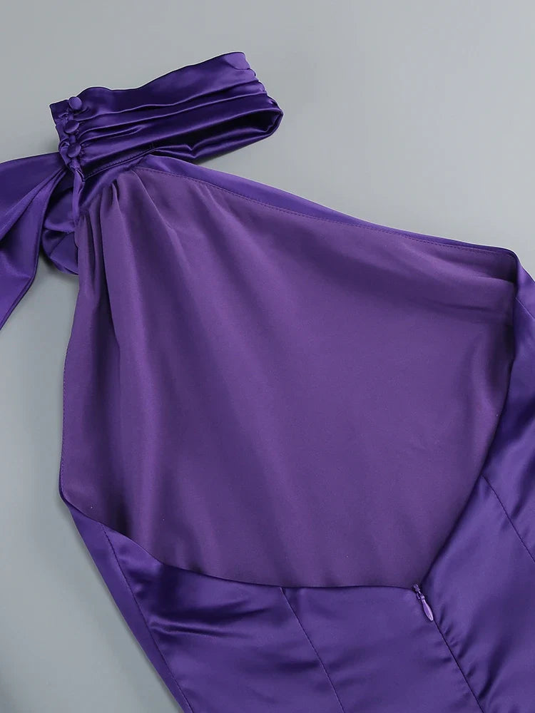 Purple Satin Halter Neck 3D Flower Scarf Maxi Dress