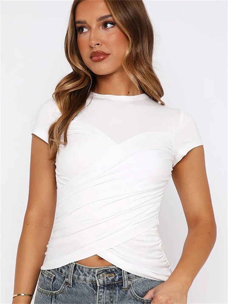 Black Pleated Bandage Cropped T-Shirt Y2K Streetwear