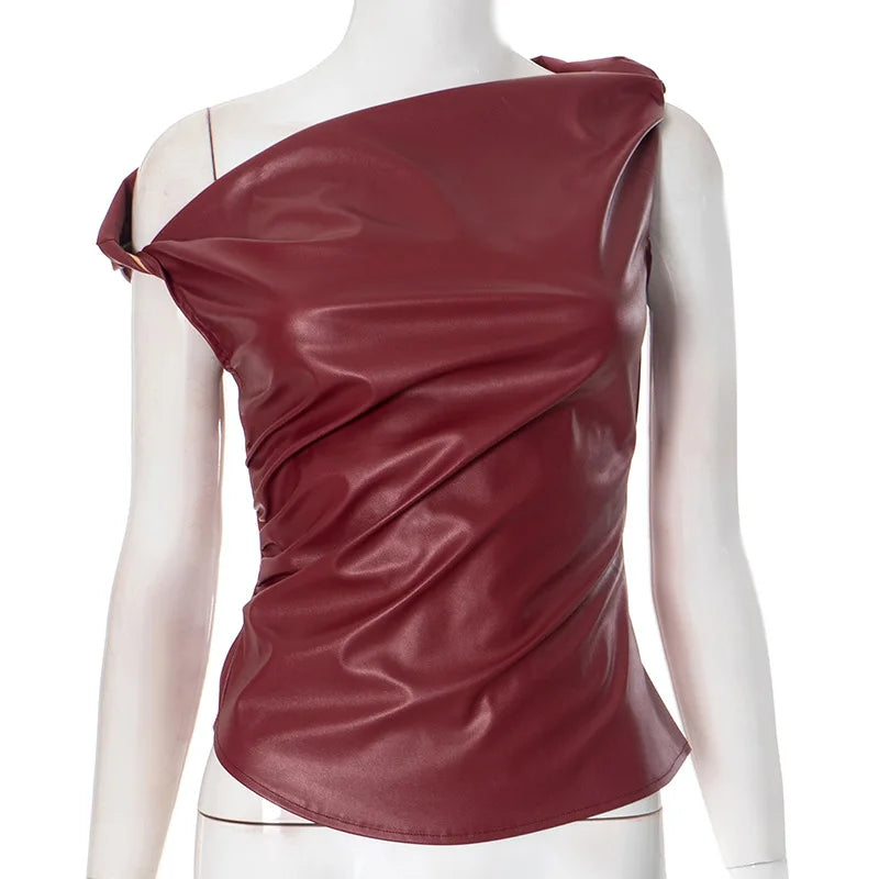 Skew Collar Leather Pleated Top