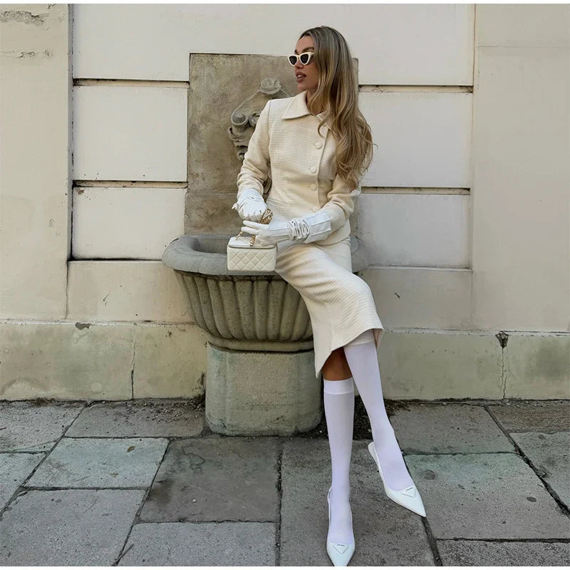 Solid Stand Collar Jackets and Skirts Suit