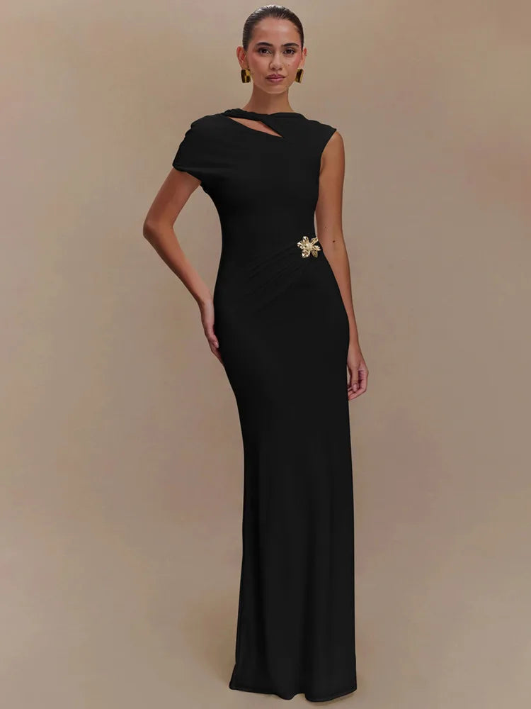 Hollow Out Metal Buckle Solid Short Sleeve Long Dress