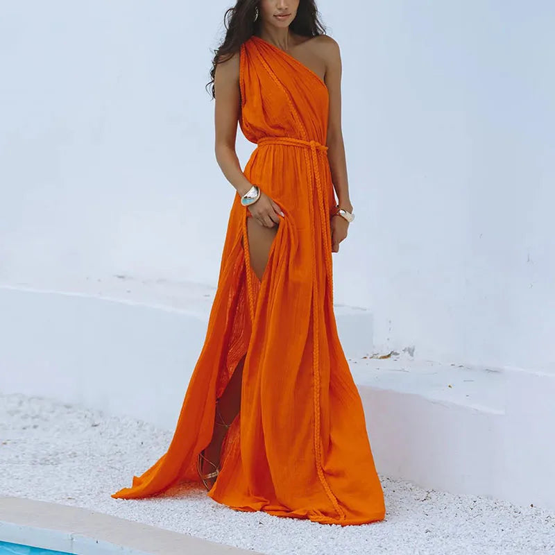 Solid Split Pleated Bandage Long Dress