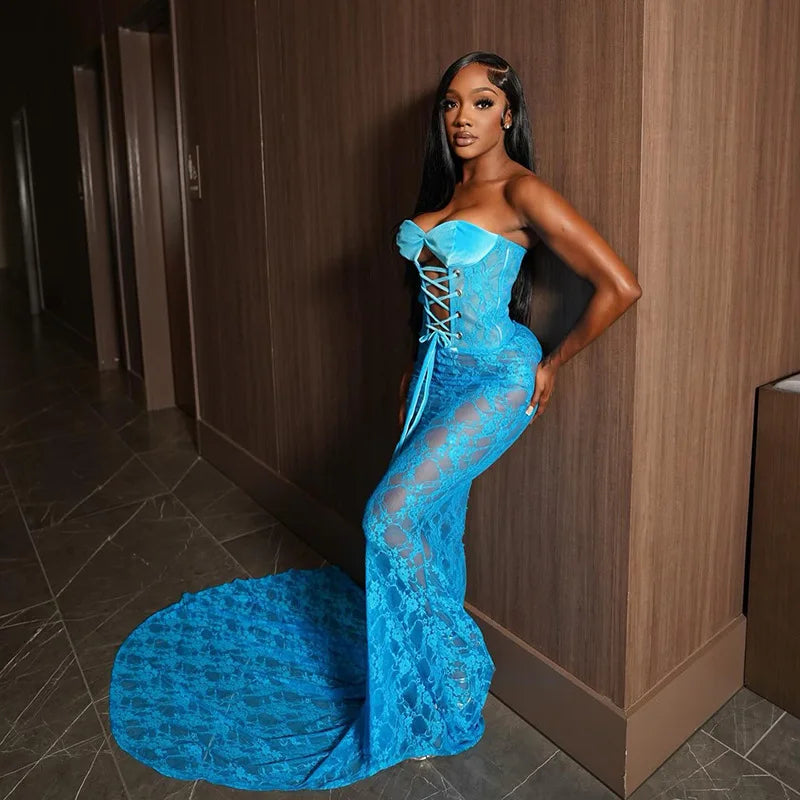 Lace Up Hollow Out Corset Tube Maxi Dress