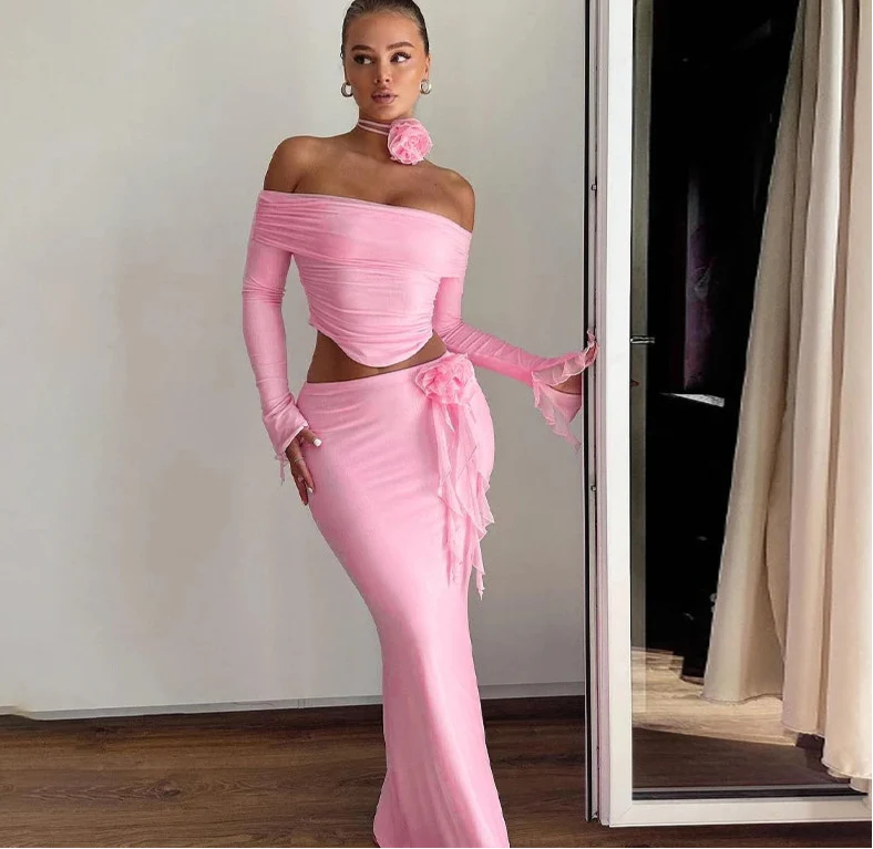 Off Shoulder Crop Top, Bodycon Maxi Skirt Set