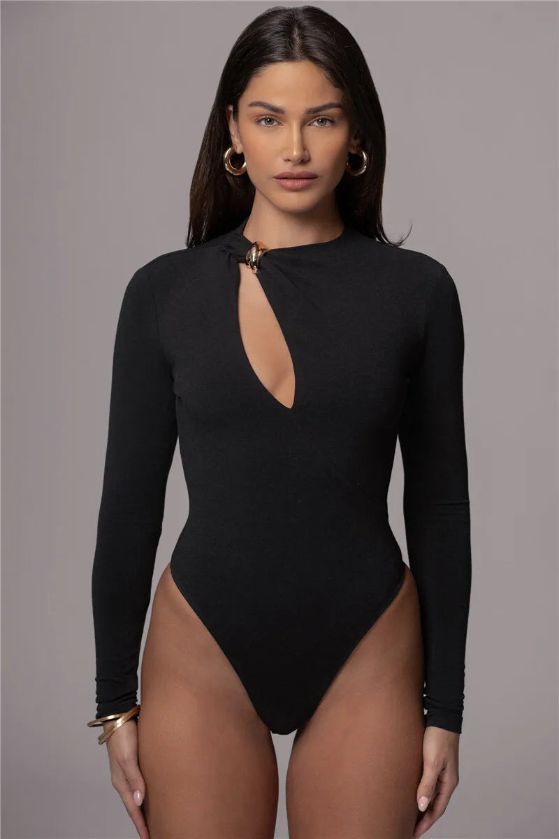 Metal Buckle Hollow Out Long Sleeve Bodysuit