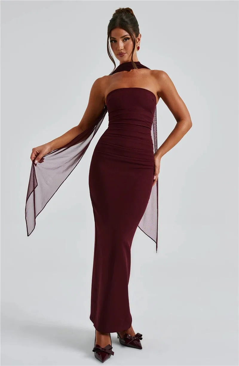 Scarf Collar Strapless Off-shoulder Long Dress