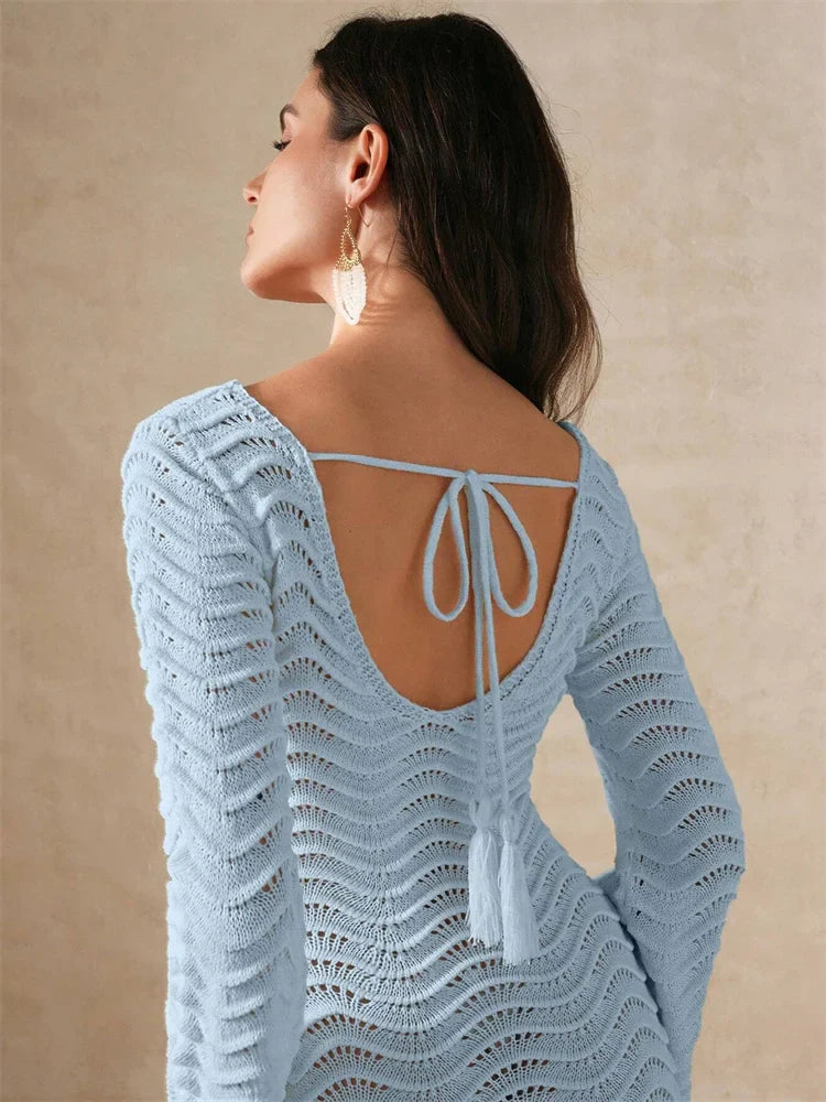 Knit Hollow-Out Loose Patchwork Lace-Up Summer Dress