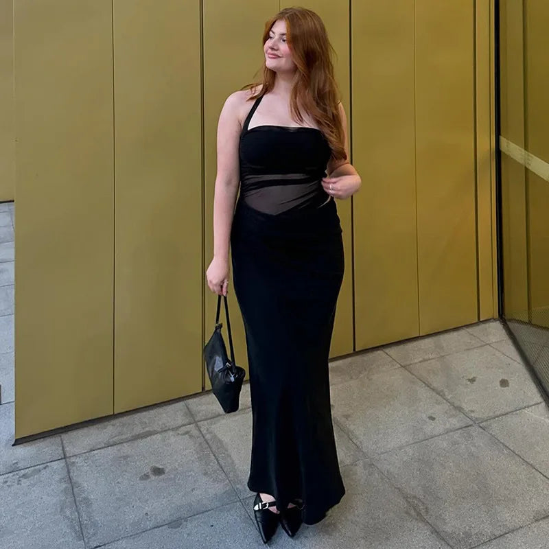 Mesh Patchwork Backless Halter Bodycon Gown