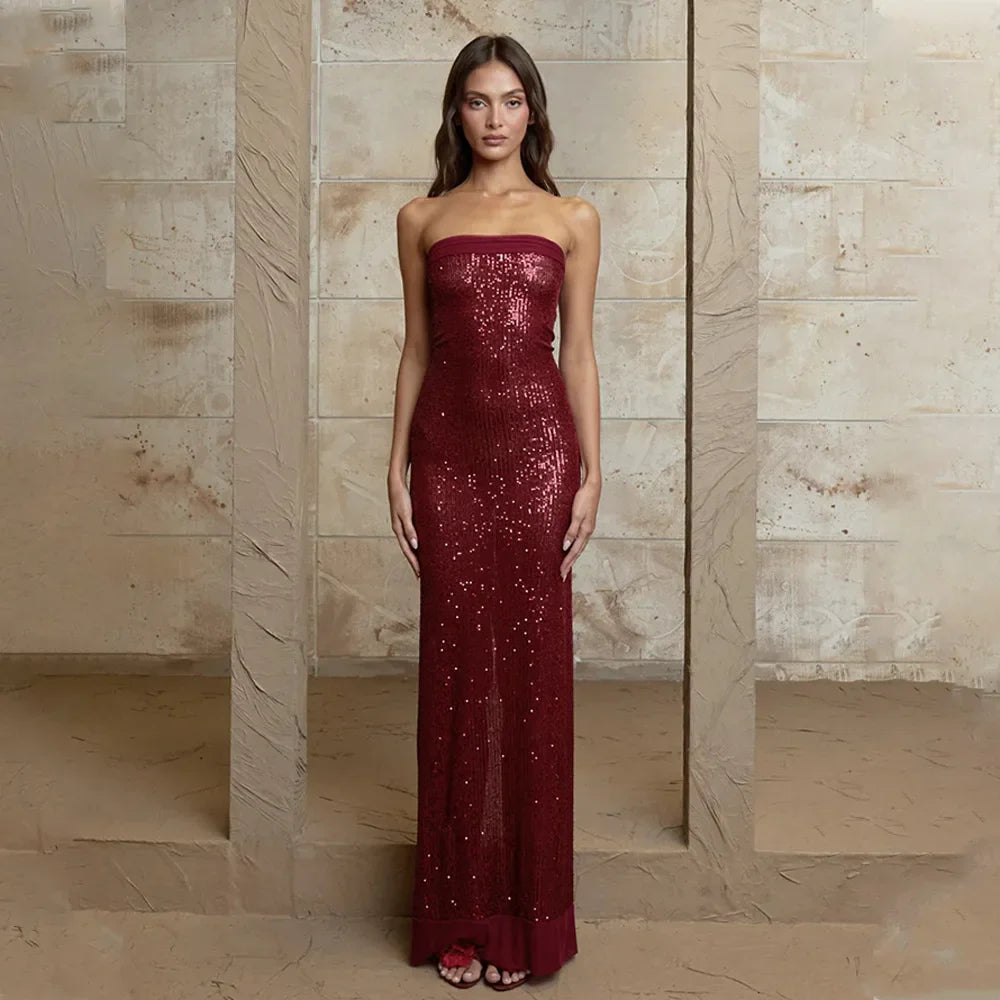 Strapless Sequin Slit Backless Dress