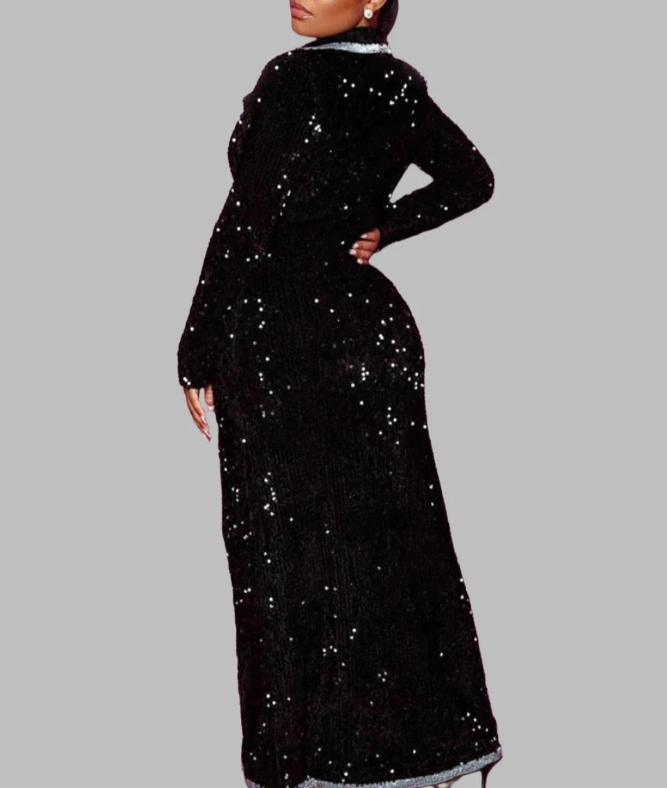 Black Sequins V-Neck Double-Breasted Full Sleeved Long Jacket