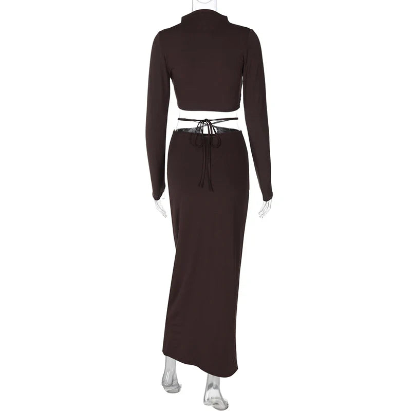 Long Sleeve Lace-up Crop Top And Long Skirt Suit