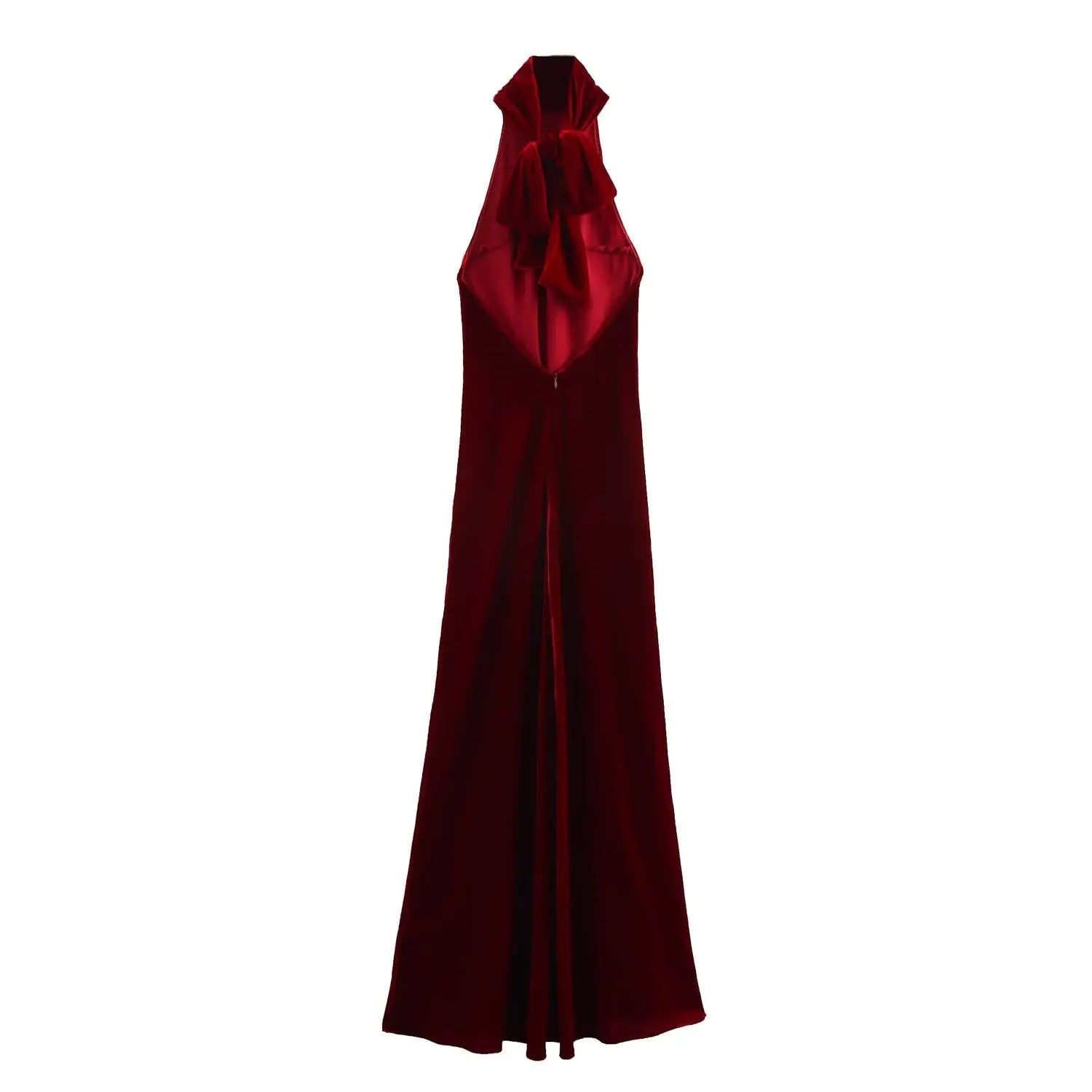 Velvet Wine Red Backless Halter Neck Dress