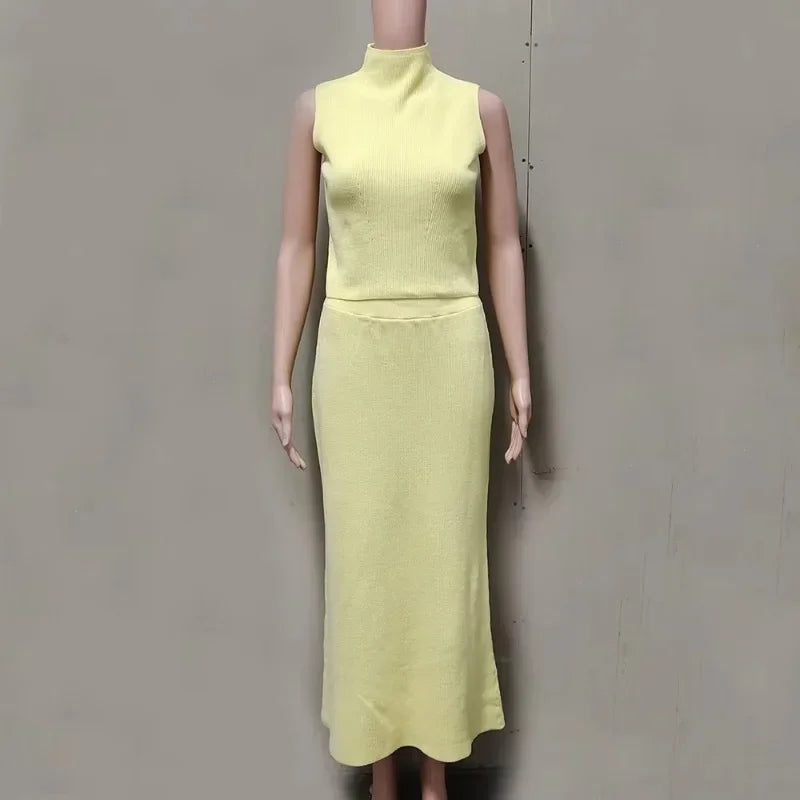 Solid Knit Sleeveless Top Long Skirt Set