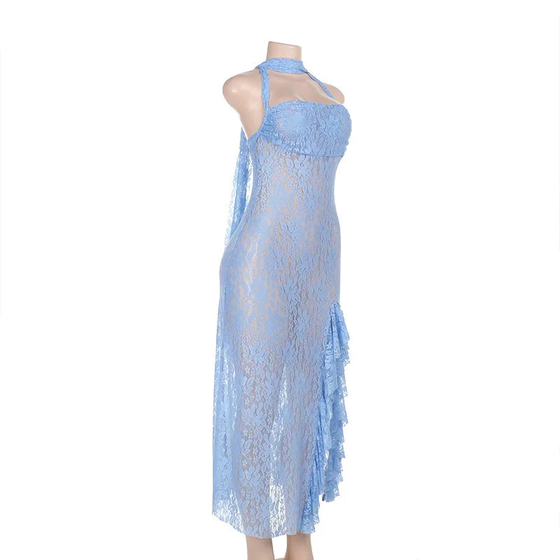 Sheer Lace Sash Halter Neck Ruffle Hem Dress