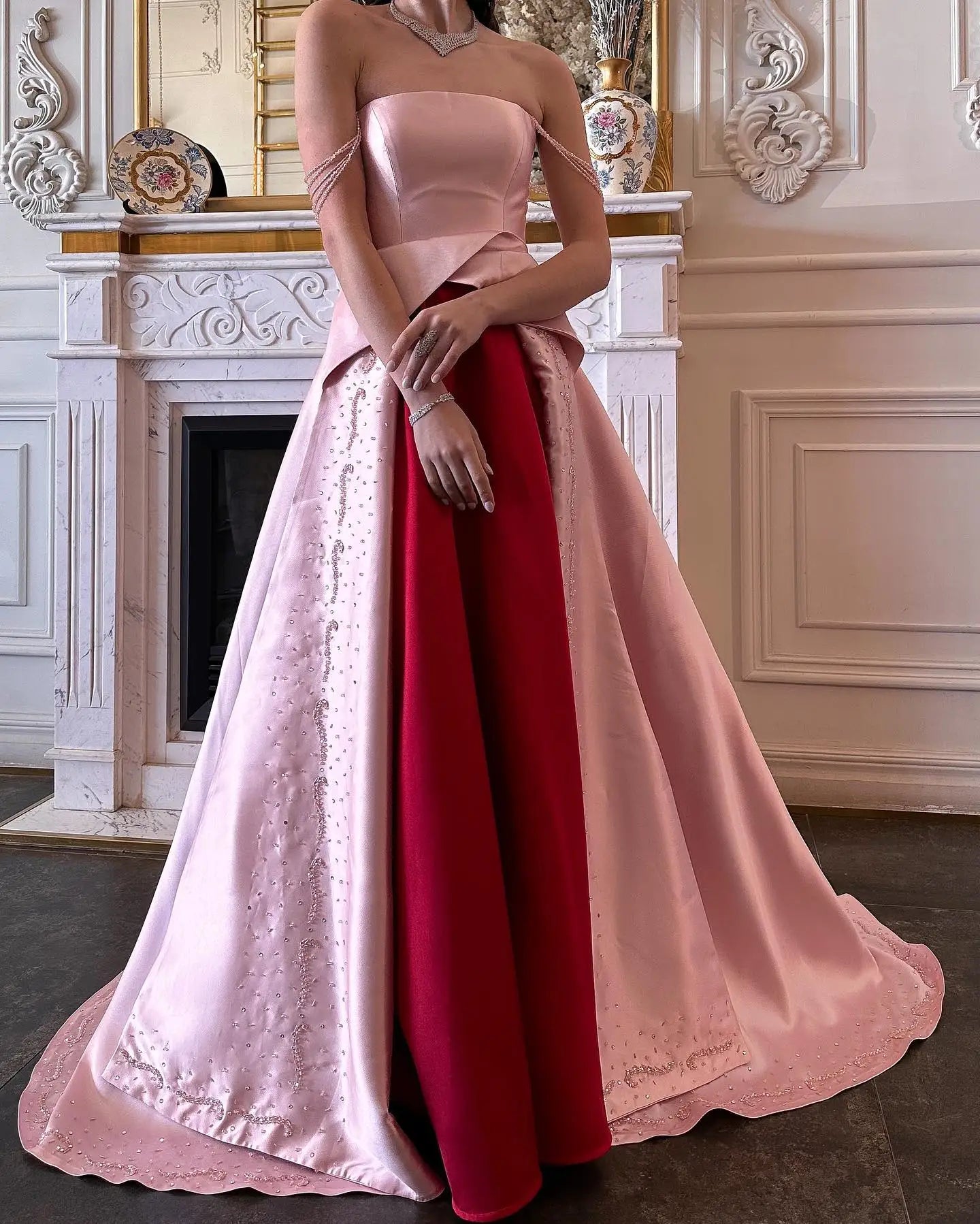 Strapless Pink and Red Two-Tone Evening Gowns