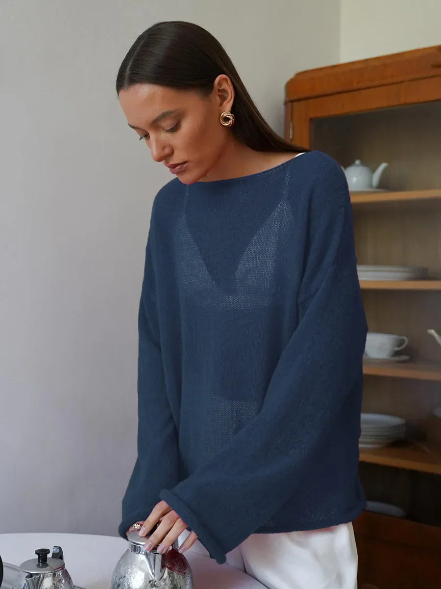 Hollow Solid See-through Long Sleeve Knitted Top