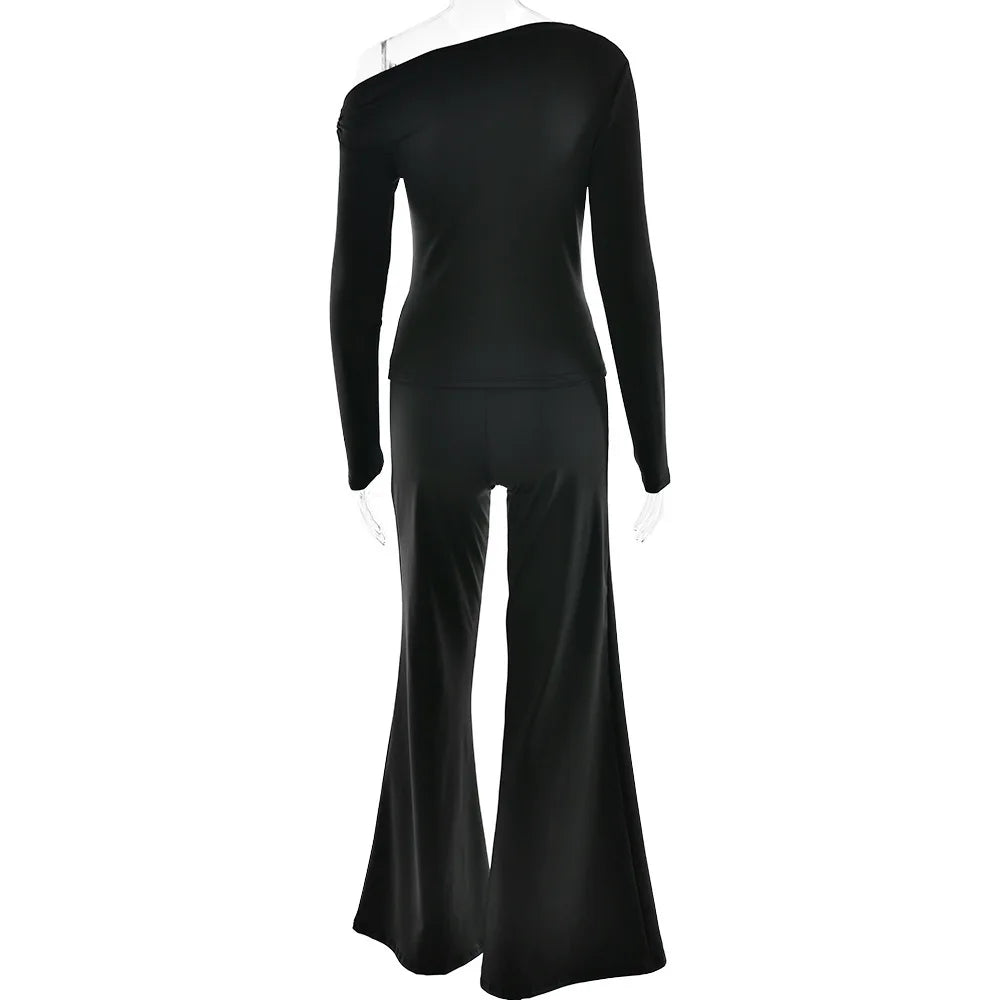 One Shoulder Flare Sleeve Top Long Pant Suit