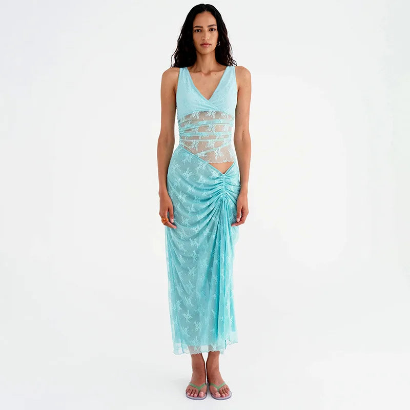 Elegant Summer Lace V-Neck 2-Piece Maxi Skirt Set