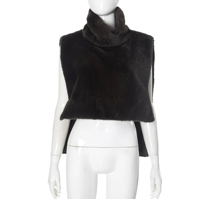 Turtleneck Faux Fur Sleeveless Jacket