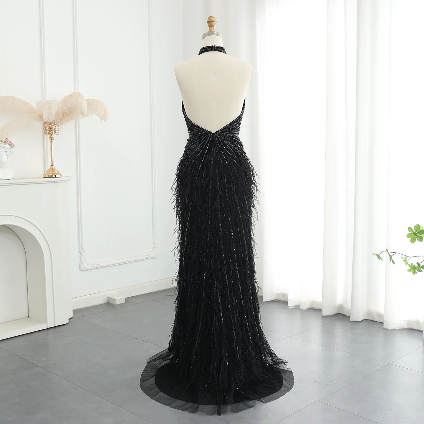 Beaded Feathers Mermaid Halter Backless Gown