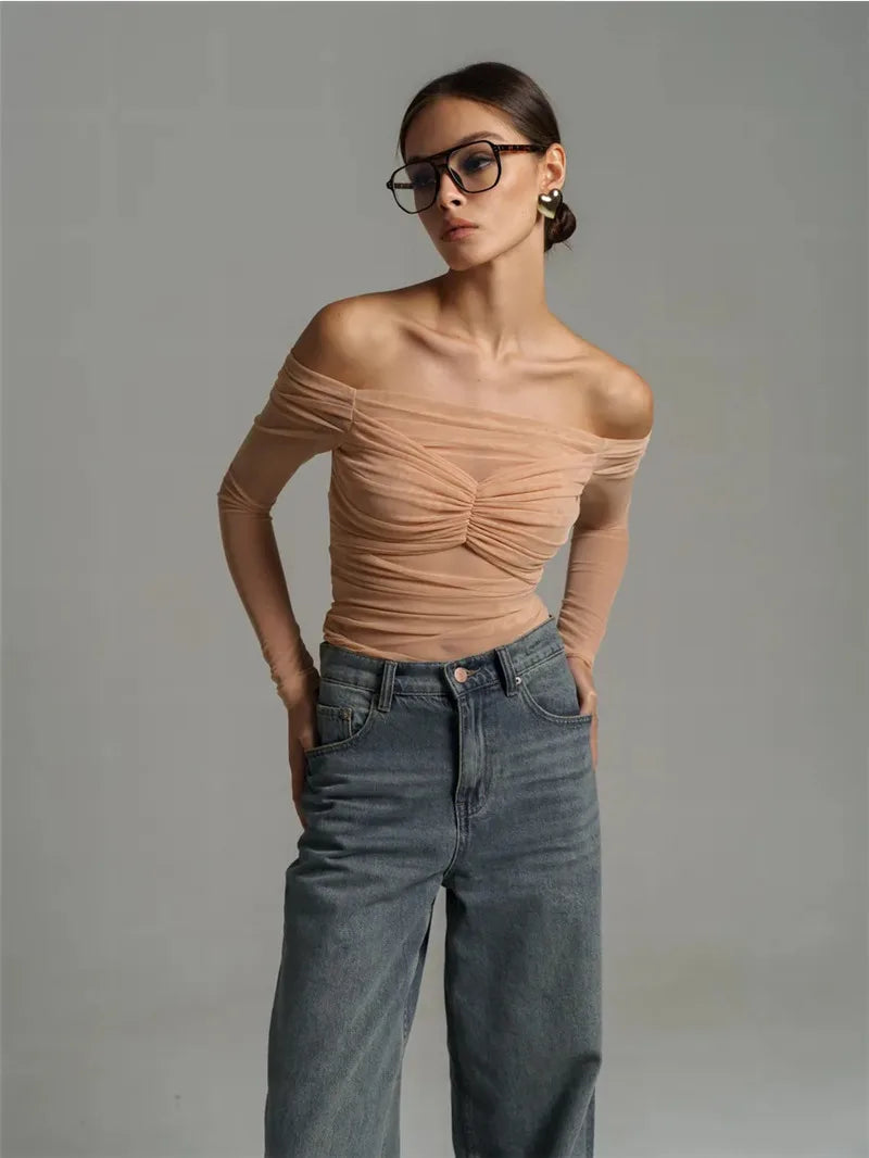 Mesh Off-shoulder Pleated Bust Strapless See Through Top