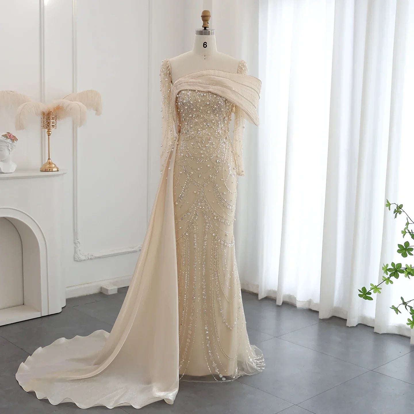 Crystal Mermaid Evening Gown with Overskirt