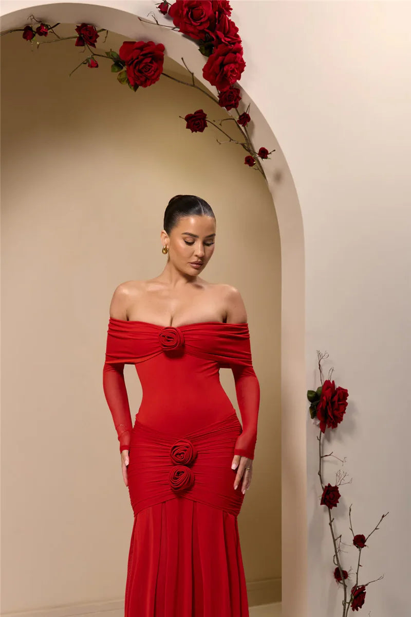 Off-shoulder Strapless Rose Long Sleeve Dress