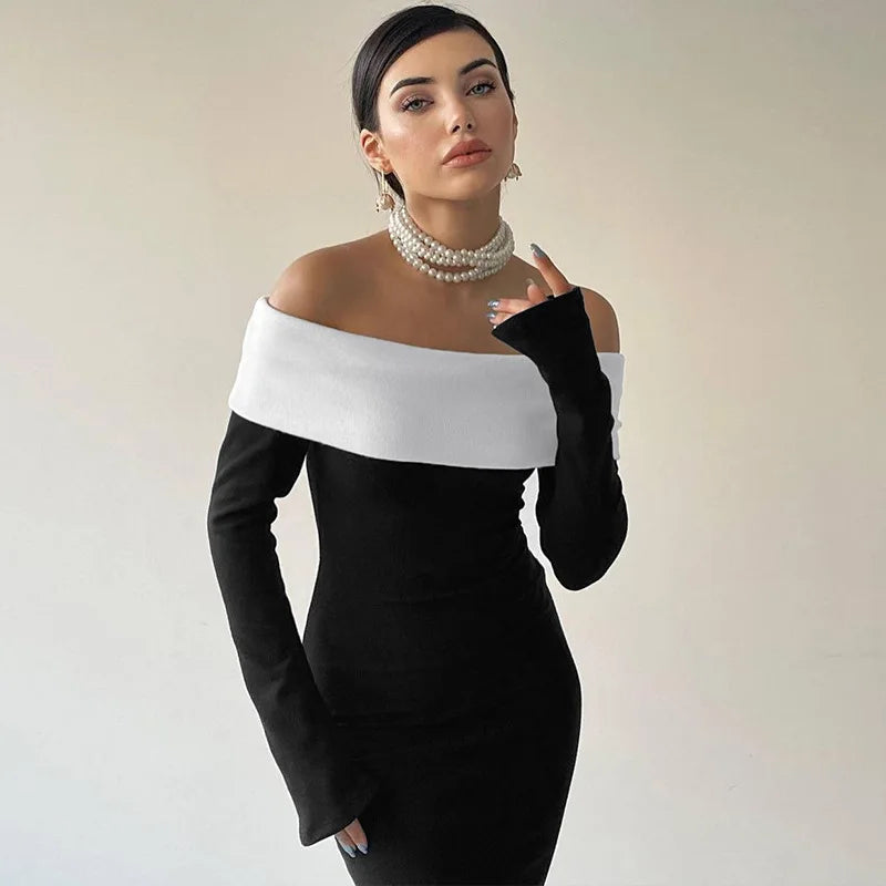 Black & White Off-the-Shoulder Maxi Dress with Long Sleeves