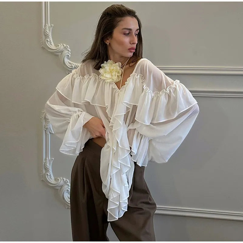 See Through Solid Long Sleeved Ruffles Tops