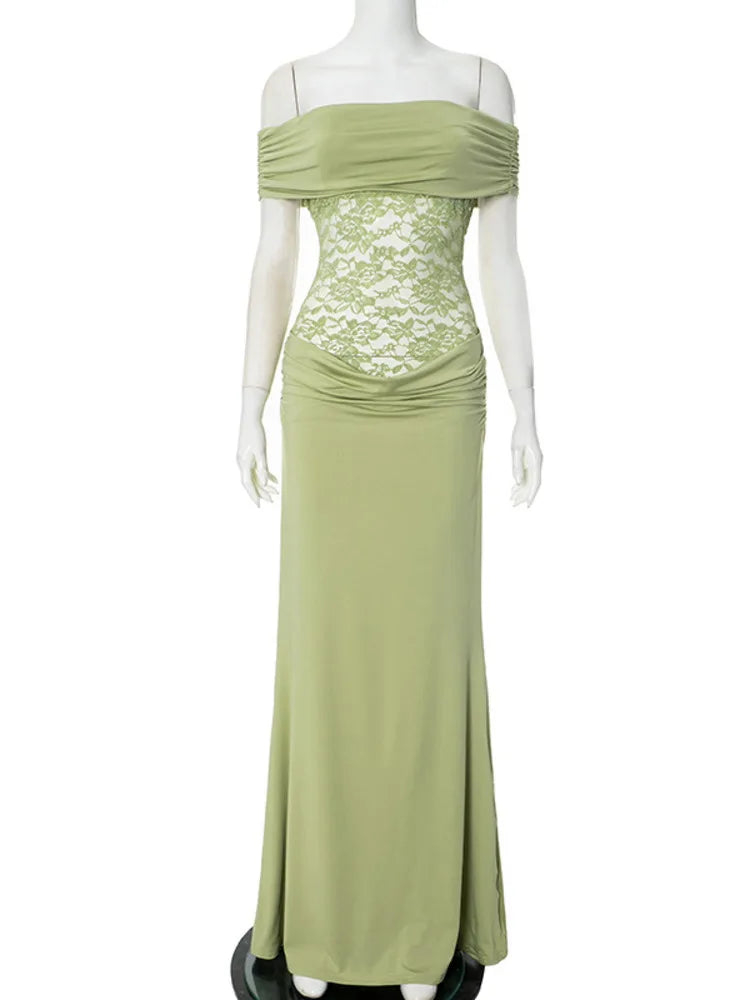 Off-shoulder Strapless Green Lace Sheer Long Dress
