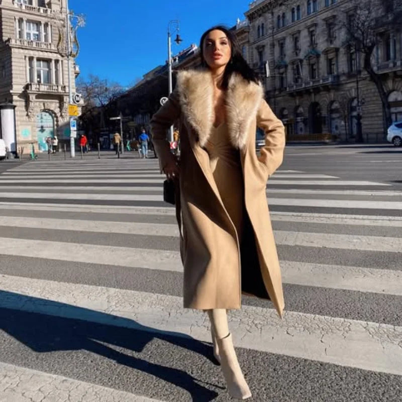 Wool Lace-Up Fur Lapel Thick Over Coat